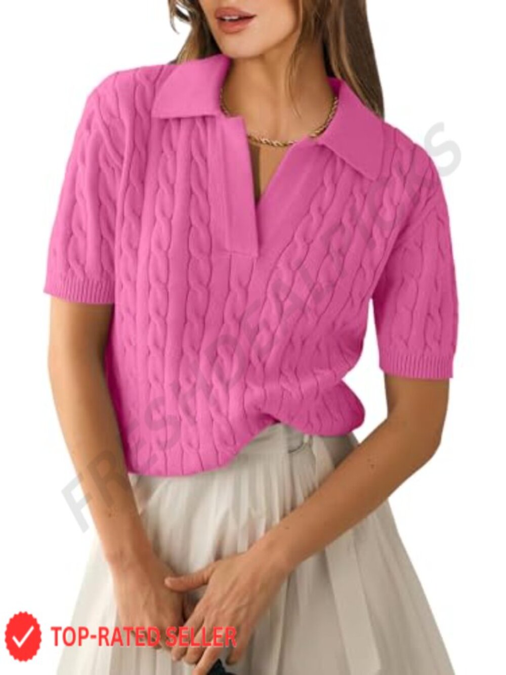 Womens Short Sleeve Cable Knit Polo Sweater Loose Fit V-Neck
